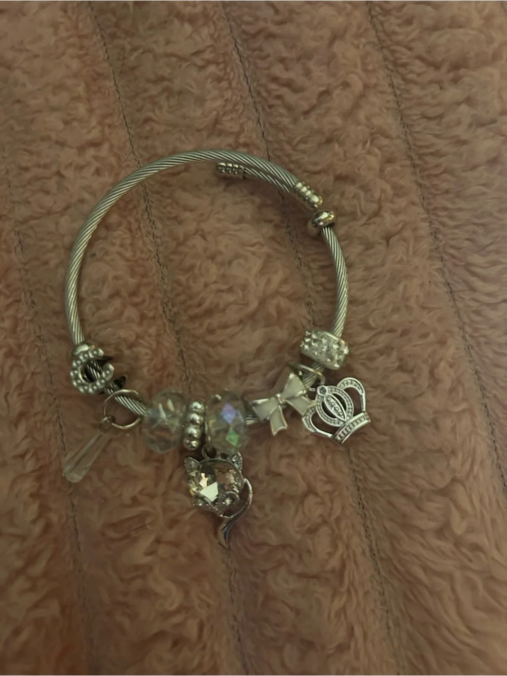 Silver-Tone Charm Bangle Bracelet with Clear Crystal Accents